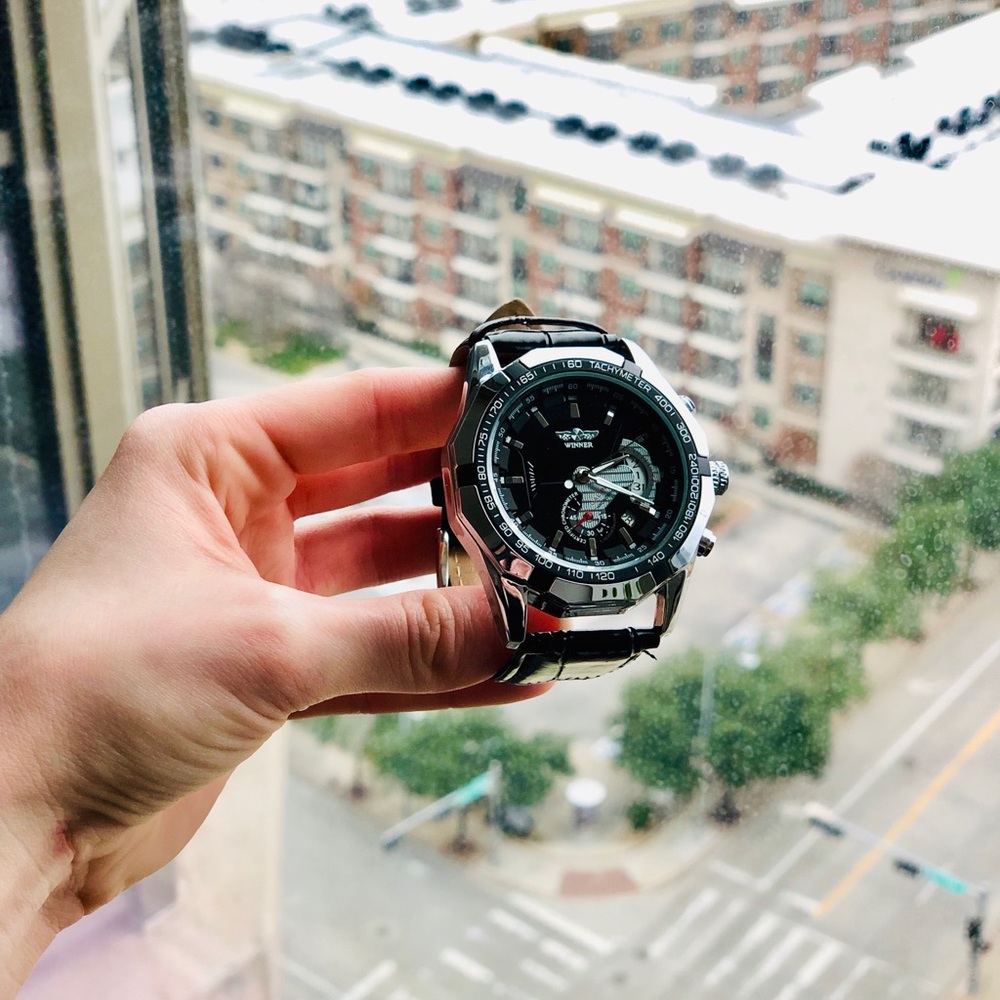 Winner Tm340 Tachymeter Black Leather Watch Gem